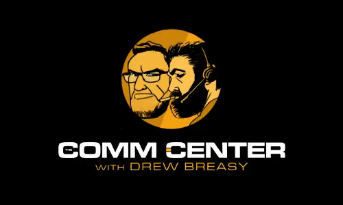 The Comm Center with Drew Breasy logo