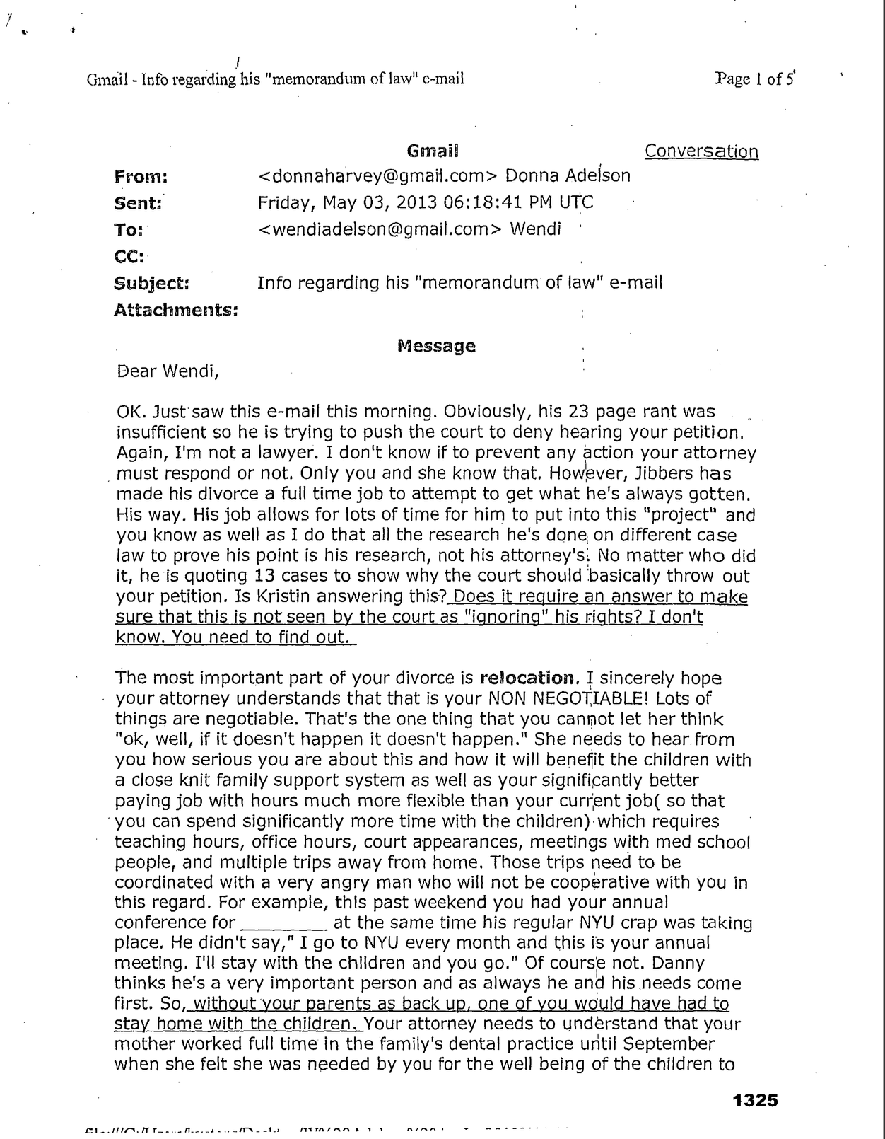 Donna Adelson email, May 3, 2013